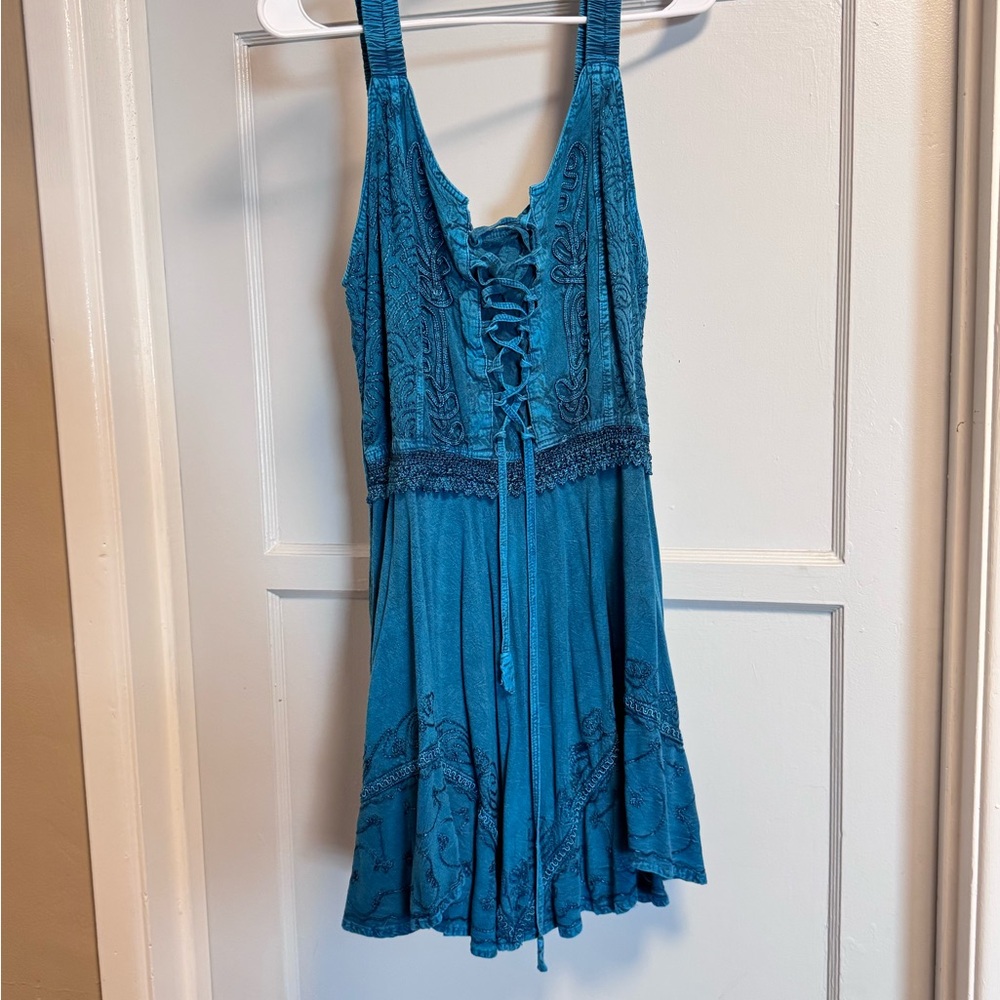 Teal Lace-Up Mini Dress